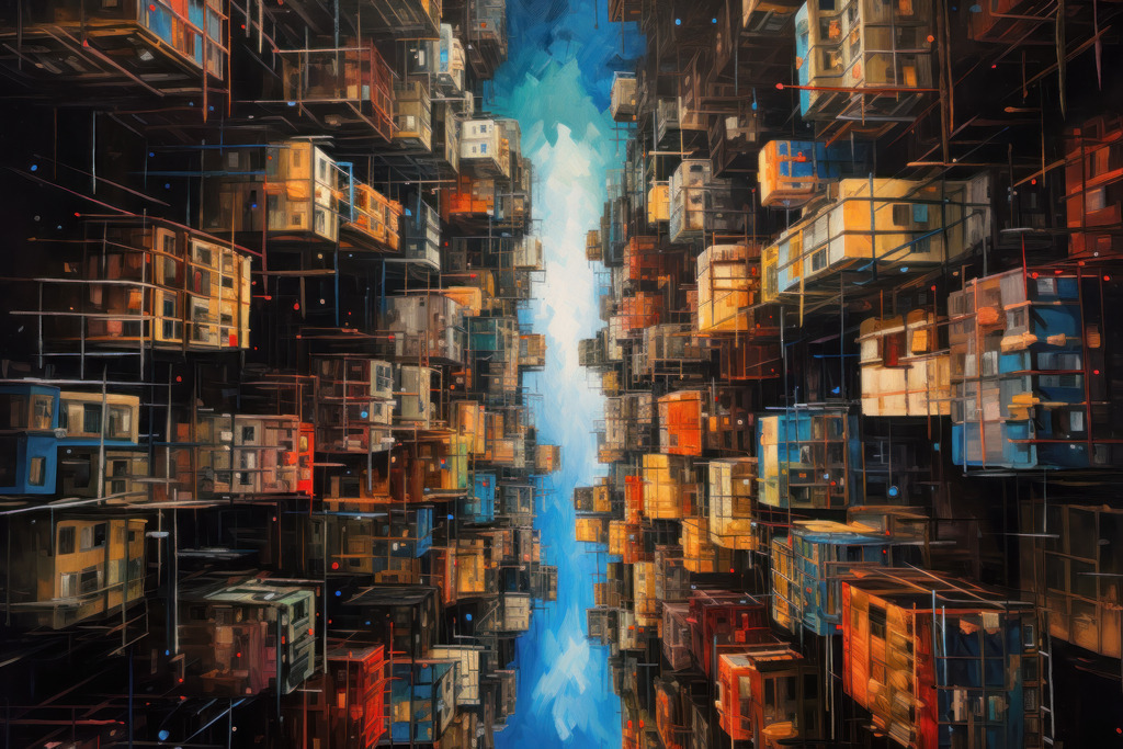2307228 - Hong Kong | Blick zwischen Hochhäusern in den Himmel. Bestellen Sie unsere digitalen Gemälde als hochwertige Kunstdrucke auf Leinwand, Acrylglas, Dibond oder als Poster.