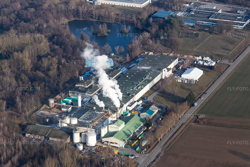 Aerial view: Sitek Insulation company premises with halls, company buildings and production facilities in the district Altenstadt in Wissembourg in the state Bas-Rhin, France.Photo: IMG_112582.jpg taken on 02/05/2019 by Werner Riehm/FLY-FOTO.comResolution of the original: 4760 x 3174 px