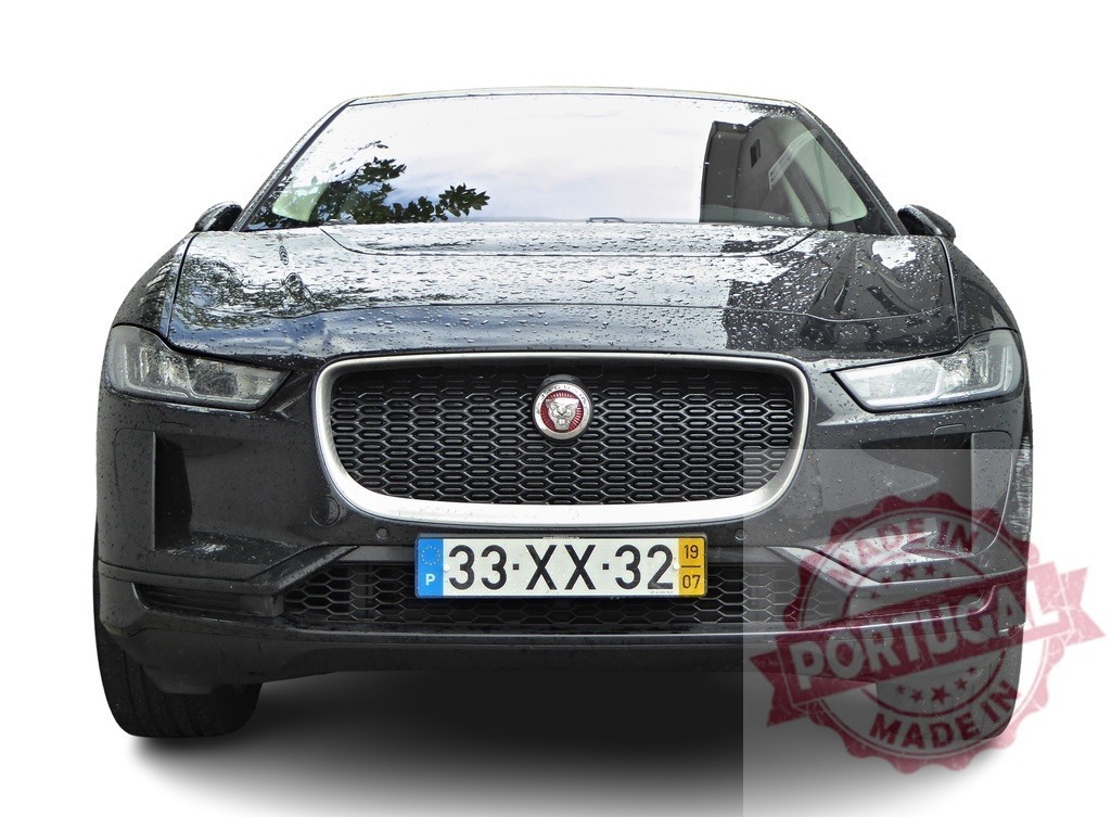 Sleek Black Jaguar I-Pace Electric Car Front View | Front view of a Jaguar I-Pace with a European license plate - Realized with Pictrs.com