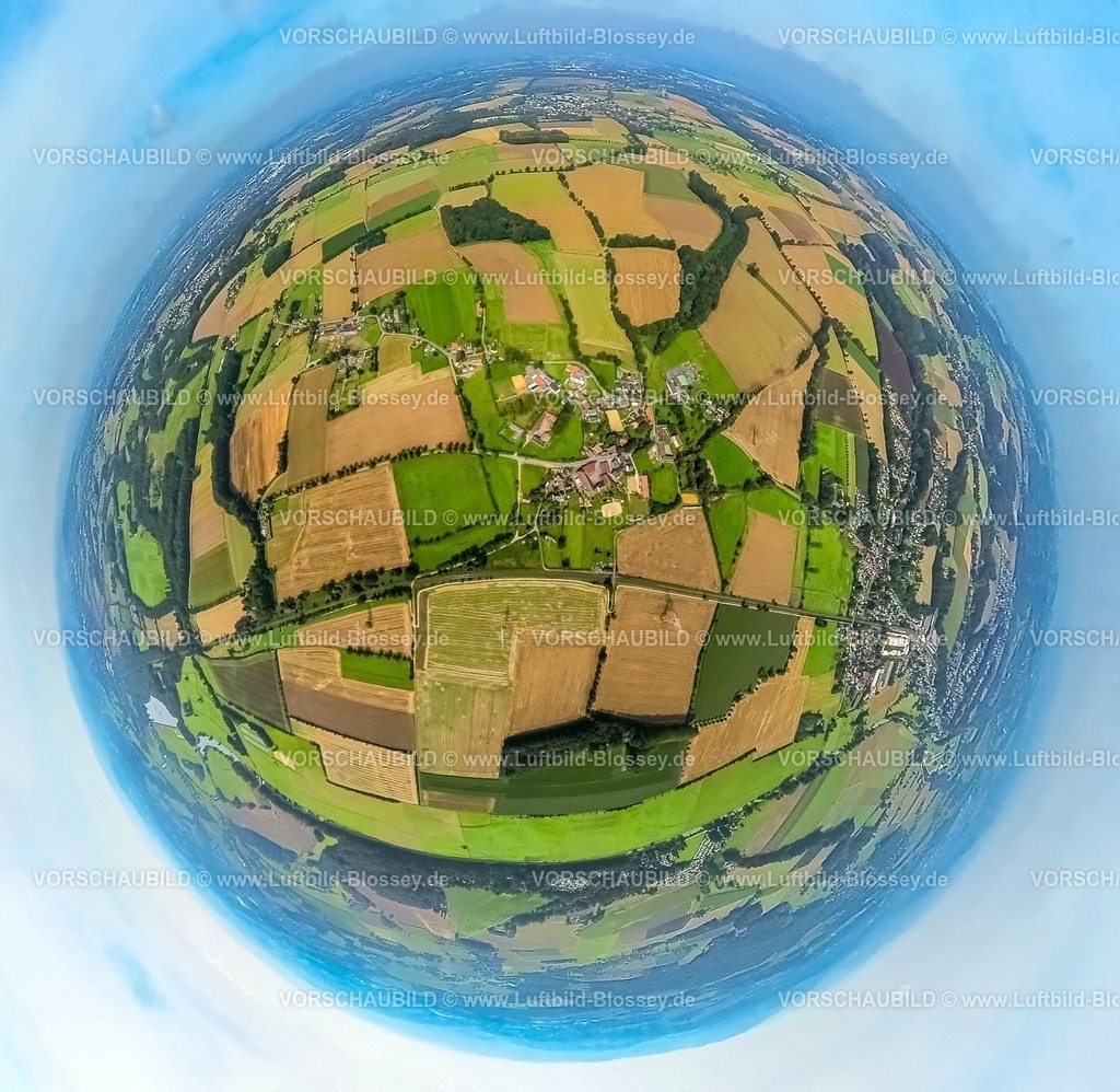 Froendenberg230990106 Altendorf | Luftbild, Ortsansicht Ortsteil Altendorf, umgeben von Wiesen und Feldern, Erdkugel, Fisheye Aufnahme, Fischaugen Aufnahme, 360 Grad Aufnahme, tiny world, Altendorf, Fröndenberg, Ruhrgebiet, Nordrhein-Westfalen, Deutschland