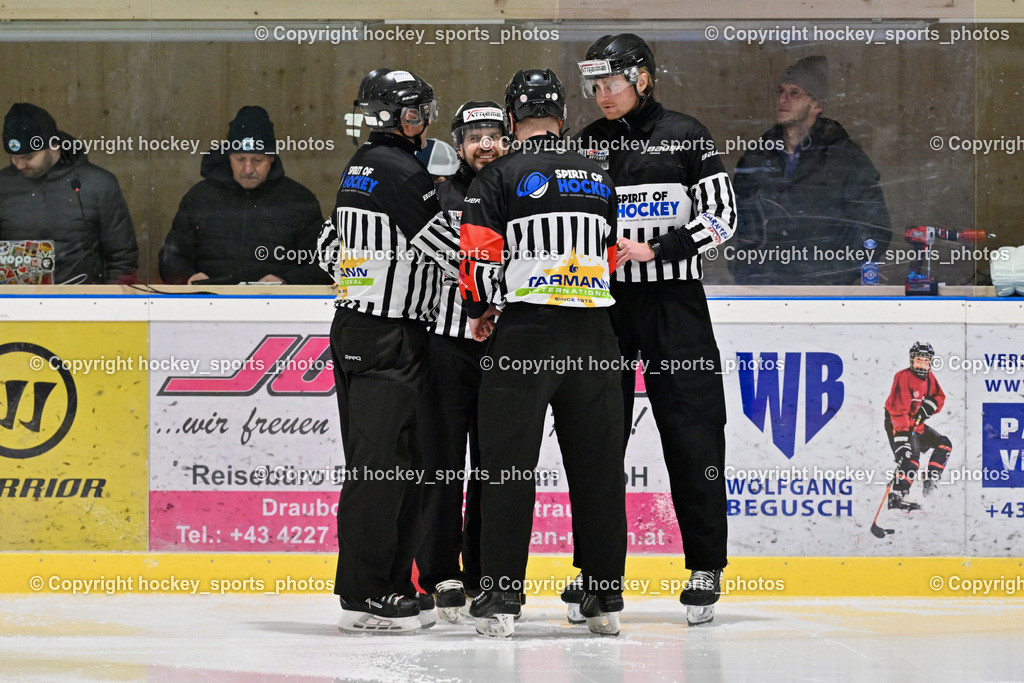 Lendhafen Seelöwen vs. Spartans Althofen | Wucherer Gerald Referee, Franzel Reinhard Referee, Widmann Florian Referee, Pirsch Christoph Referee, Lendhafen Seelöwen vs. Spartans Althofen, Lendhafen Seelöwen vs. Spartans Althofen am 14.02.2025 in Ferlach (HTC Eishalle Ferlach), Austria, (Photo by Bernd Stefan)