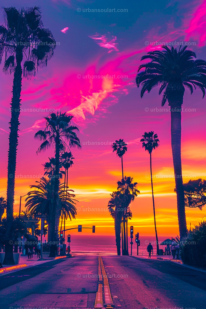 Vibrant Sunset On A Road Going To The Ocean In California | This mesmerizing scene of a vibrant sunset along a road leading to the ocean brings a dreamy, colorful atmosphere. Perfect for beach lovers and those who appreciate scenic California landscapes. - Realisiert mit Pictrs.com