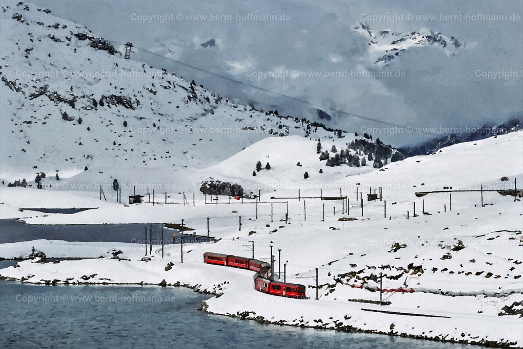 PAD2_RH_RhB-BerninaPass_180x120 | DIGITALKUNST. Rhätische Bahn am Berninapass. __ Ein Zug der Schweizer Bahngesellschaft " RhB " am Ufer des Lago Bianco.  __ Das Basisfoto für dieses malerisch verwandelte Werk hat der Schweizer Hobbyfotograf Rene Hinder gemacht und es Bernt Hoffmann für dessen Kunstpart zur Verfügung gestellt. - Realisiert mit Pictrs.com
