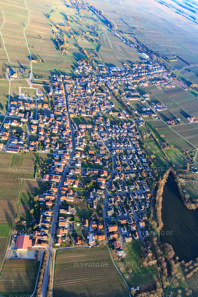 Luftbild: Ortsübersicht mit Schloßweier aus Westen in Kirrweiler im Bundesland Rheinland-Pfalz in Deutschland. Foto: IMG_097382.jpg vom 10.03.2017 durch Werner Riehm/FLY-FOTO.de