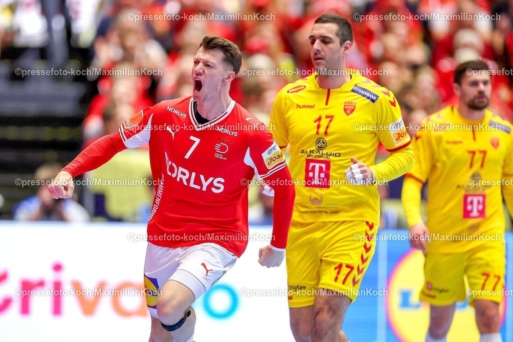 EHF16012602127 | 16.01.2026, Handball, Men's EHF EURO 2026, Dänemark - Nordmazedonien, Jyske Bank Boxen in Herning, Dänemark, Preliminary Round:  Emil Jakobsen (Denmark #07) jubelnd