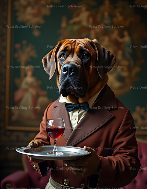 Dog Butler Wall Art,  Elegant Wine Poster,  Vintage Animal Portrait,  Bordeaux Mastiff Serving Wine, | Add a touch of elegance and humor to your home with this unique dog wine poster.This charming artwork features a sophisticated Bordeaux Mastiff dressed as a gentleman, carefully serving a glass of red wine. The combination of classic portrait style and playful character makes it a perfect statement piece for any room. Whether you're decorating your living room, dining area, or home bar, this artwork brings warmth, personality, and a subtle sense of humor to your space. - Realisiert mit Pictrs.com