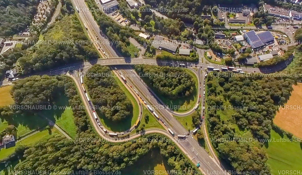Luedenscheid230990252A45AbfahrtLuedSued-topaz | Luftbild, Autobahn A45 Anschlussstelle Lüdenscheid, Straßenverkehr mit LKW-Stau, Fisheye Aufnahme, Fischaugen Aufnahme, 360 Grad Aufnahme, tiny world, Heedfeld, Schalksmühle, Sauerland, Nordrhein-Westfalen, Deutschland