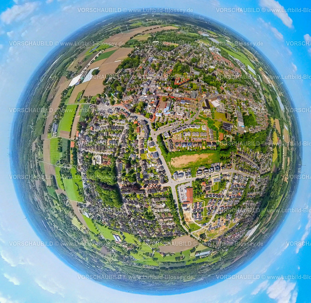 Bottrop230520086KirchhelleMitte | Luftbild, Kirchhellen-Mitte Stadtansicht, Johann-Breuker-Platz, Oberhofstraße, Erdkugel, Fisheye Aufnahme, Fischaugen Aufnahme, 360 Grad Aufnahme, Kirchhellen, Bottrop, Ruhrgebiet, Nordrhein-Westfalen, Deutschland