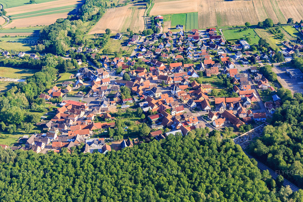 Aerial view: View of the town from the south in Schaffhouse-près-Seltz in the state Bas-Rhin, France. – Photo: IMG_115022.jpg taken on 06/01/2019 by Werner Riehm/FLY-FOTO.com – Resolution of the original: 5200 x 3467 px