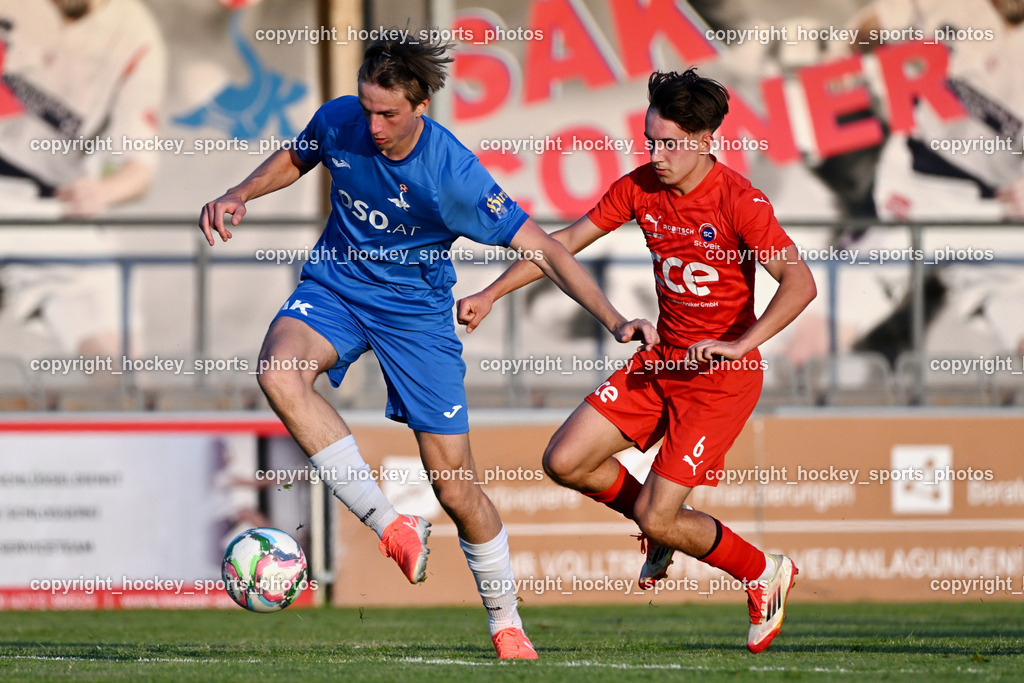 SAK vs. SC ST. Veit | #5 Jakob Geister SAK, #6 Julian Hufnagl SC St.Veit, SAK vs. SC ST. Veit, SAK vs. SC ST. Veit am 30.04.2025 in Klagenfurt (Sportpark Welzenegg), Austria, (Photo by Bernd Stefan)