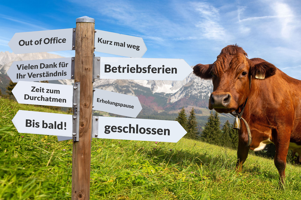 Betriebsferien: Wegweiser vor alpinem Hintergrund | (Fotomontage) Freigestellter Wegweiser vor alpinem Hintergrund in verschiedene Richtungen mit Begriffen zum Thema BETRIEBSFERIEN - Realisiert mit Pictrs.com