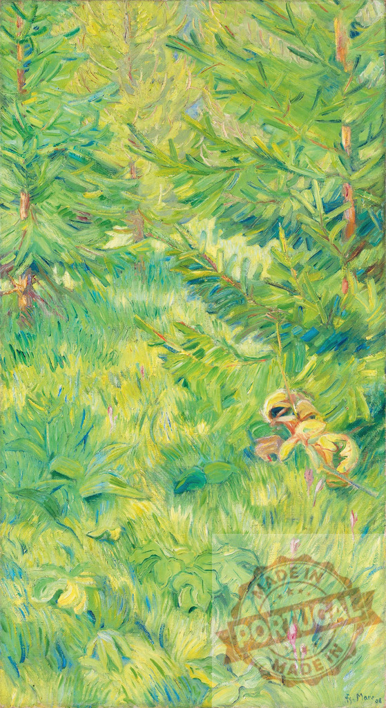 Franz Marc painting depicting forest trees and green growth | Franz Marc painting showing stylized forest trees and vibrant green undergrowth - Realized with Pictrs.com