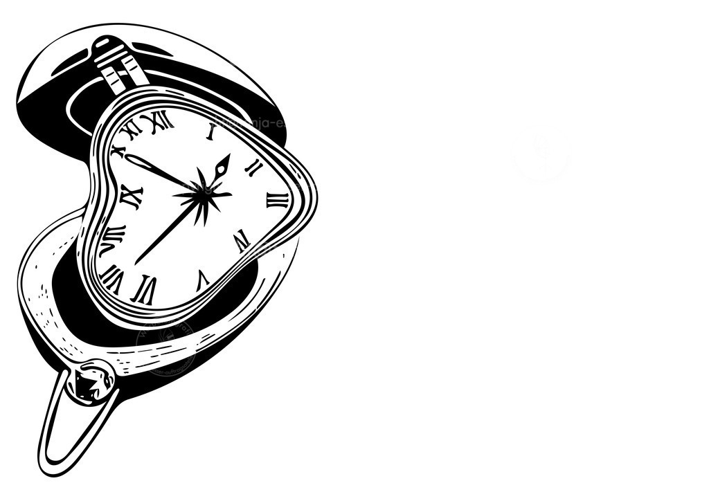 Uhr Perspektive D1 | Ein Reisewecker mit römischem Ziffernblatt. Die Uhr ist in surrealer Perspektive verzerrt. Illustration der Outlines zum Colorieren vor weißem Hintergrund mit Copy Space. 