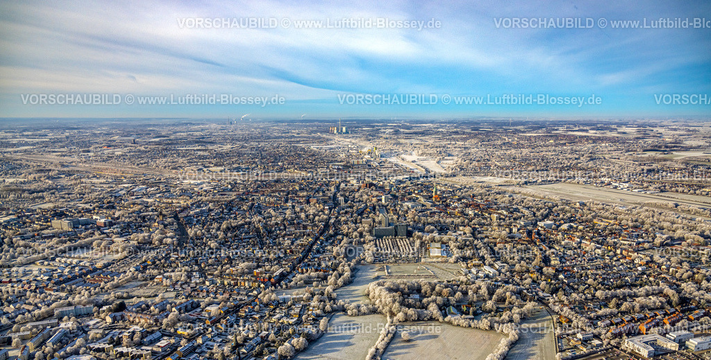 Hamm221202692 | Luftbild, Winterliche Innenstadt mit evang. Pauluskirche in der City, winterliches Oberlandesgericht Hamm und verschneite Bäume auf Parkplatz, Uentrop, Hamm, Ruhrgebiet, Nordrhein-Westfalen, Deutschland