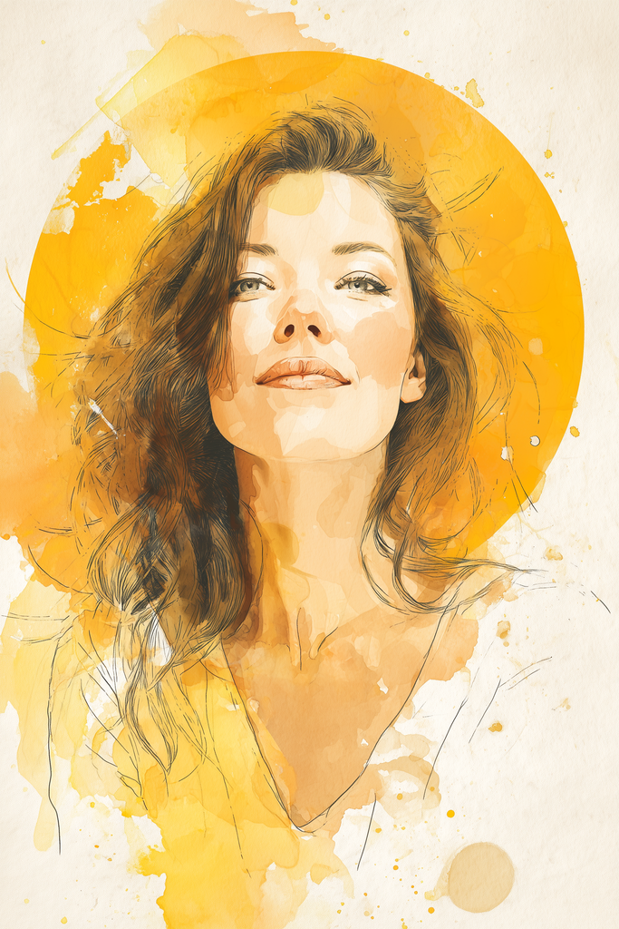 Poster: HER ECHO – The Smile | Freundliches Frauenportrait im Aquarellstil mit gelbem Kreis im Hintergrund aus der Poster-Kollektion HER ECHO. - Realisiert mit Pictrs.com
