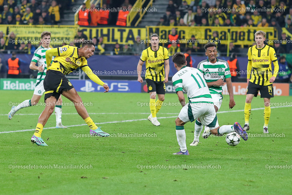 BVB01102401051 | 01.10.2024, Fußball, UEFA Champions League, Borussia Dortmund - Celtic Glasgow, 2. Spieltag, Signal Iduna Park, Saison 2024 2025: Torjubel nach dem 7:1 durch Felix Nmecha (BVB #8) Schuss Torschuss