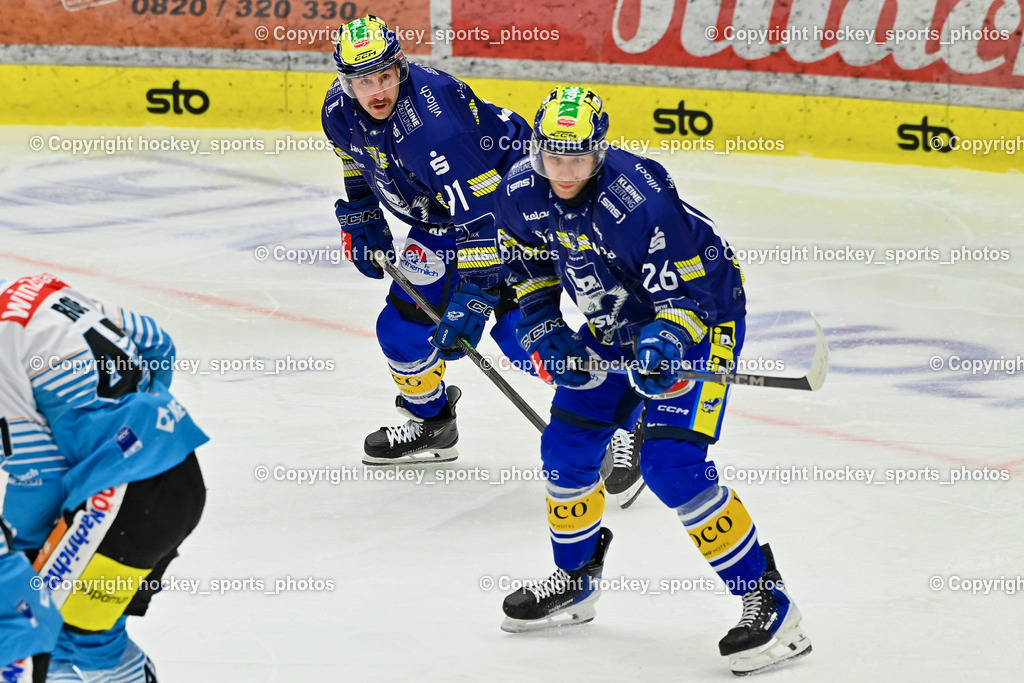 EC IDM WÄRMEPUMPEN VSV vs. Steinbach Black Wings Linz | #26 Guus van Nes EC VSV, #91 Nick Hutchison EC VSV, EC IDM WÄRMEPUMPEN VSV vs. Steinbach Black Wings Linz, EC IDM WÄRMEPUMPEN VSV vs. Steinbach Black Wings Linz am 28.11.2025 in Villach (Stadthalle Villach), Austria, (Photo by Bernd Stefan)