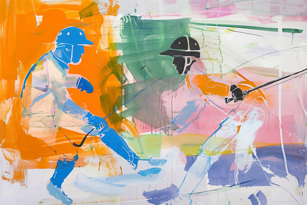 2406016 - Kämpfende Polospieler | Zwei Polospieler in einem ungewöhnlichen Zweikampf im Stil eines Gemäldes.