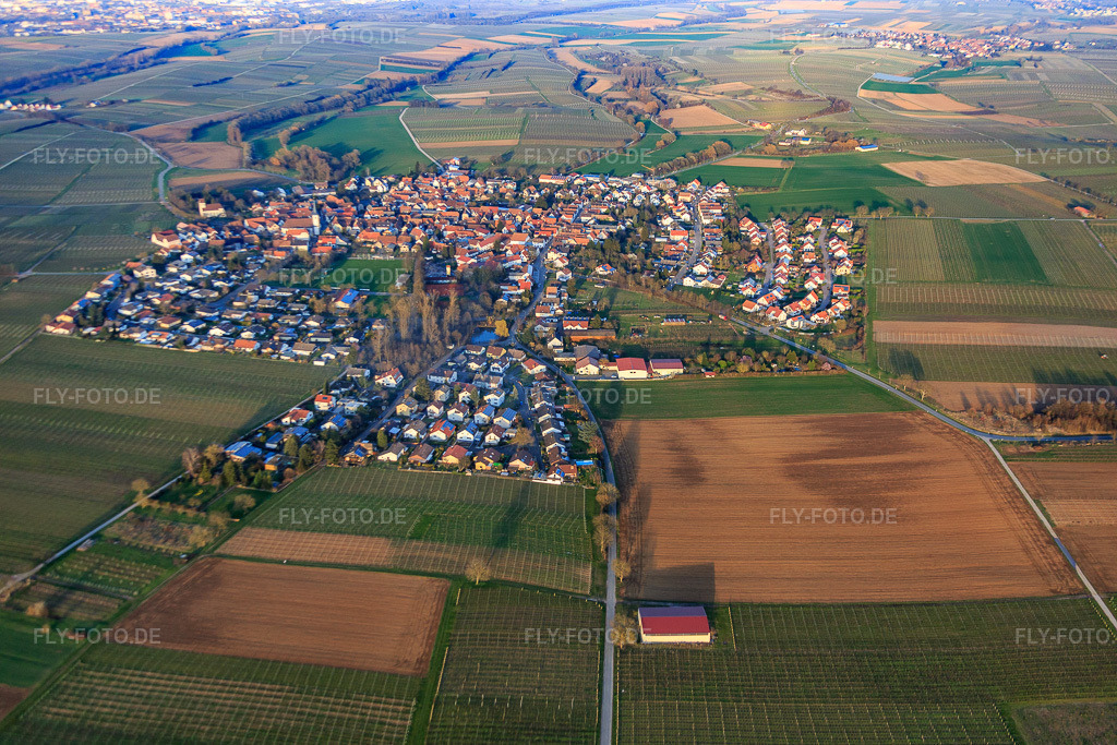 Luftbild: Dorfansicht von Westen im Ortsteil Mörzheim in Landau im Bundesland Rheinland-Pfalz in Deutschland. Foto: IMG_086833.jpg vom 26.03.2016 durch Werner Riehm/FLY-FOTO.de