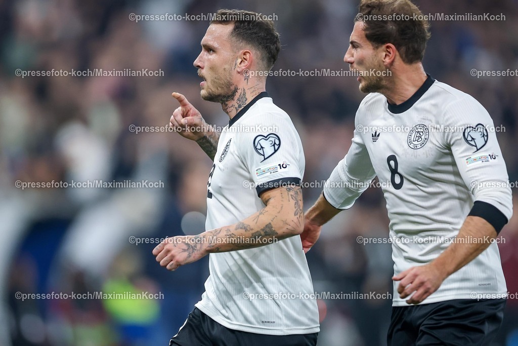 DFB10102502150 | 10.10.2025, Fußball, Länderspiel, Deutschland - Luxemburg, UEFA WM-Qualifikation, 2025/2026, Gruppe A, PreZero Arena in Sinsheim: Torjubel nach dem Tor zum 1:0 durch Torschütze David Raum (GER #22)   zusammen mit Leon Goretzka (GER #08) DFB regulations prohibit any use of photographs as image sequences and or quasi-video.