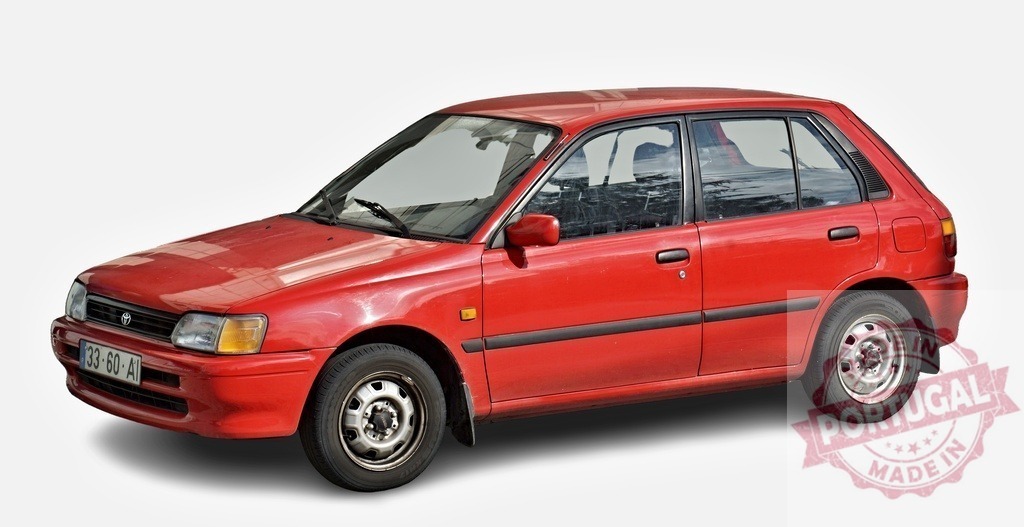 Red Toyota Starlet Glanza EP81 posing on a white background | Small red Toyota Starlet posing on a white background, showcasing its compact design and vibrant color - Realized with Pictrs.com