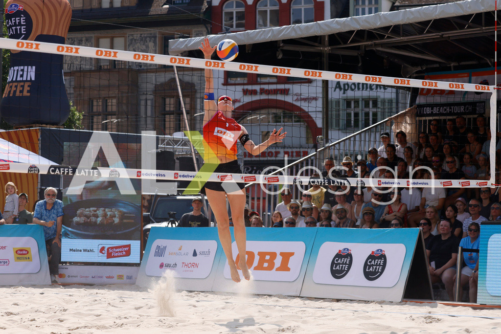 Obi BeachTour 2026 - Basel | BASEL, SWITZERLAND - JULY 19: MURIEL BOSSART (SUI) attack / spike during the Obi BeachTour 2026 match between BOSSART / ABBÜHL (SUI) and FLÜCKIGER / DEMIERRE (SUI) at Barfüsserplatz on July 19, 2026 in Basel, Switzerland. - Realisiert mit Pictrs.com