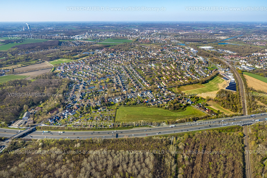 Luenen250403782 | Luftbild, Autobahn A2 und Wohngebiet Ortsansicht Lünen-Süd, Altenderne, Lünen, Ruhrgebiet, Nordrhein-Westfalen, Deutschland