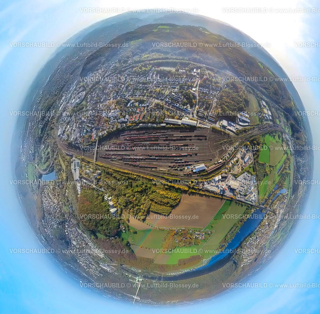 Hagen22102001Gueterbahnhof-Vorhalle | Luftbild, Stadtteil Vorhalle Güterbahnhof Gleise, Fisheye Aufnahme, Fischaugen Aufnahme, 360 Grad Aufnahme, Vorhalle, Hagen, Ruhrgebiet, Nordrhein-Westfalen, Deutschland