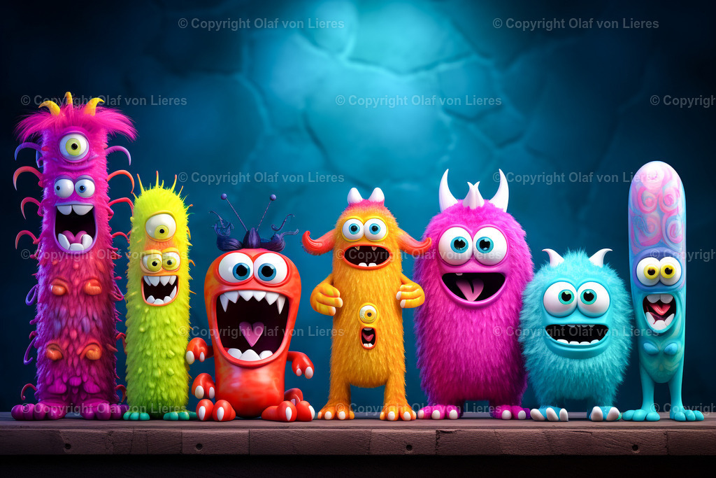 lachende bunte Monster | fröhliche farbenfrohe Monster vor blauem Hintergrund