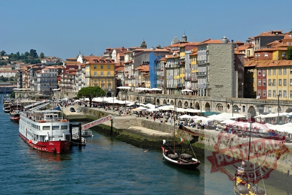 Ribeira district riverfront with colorful buildings, Douro River, Porto. Porto - Portugal | Picturesque Ribeira district showing colorful buildings, people, boats, and river cruise ships on Douro River, Portugal - Realized with Pictrs.com