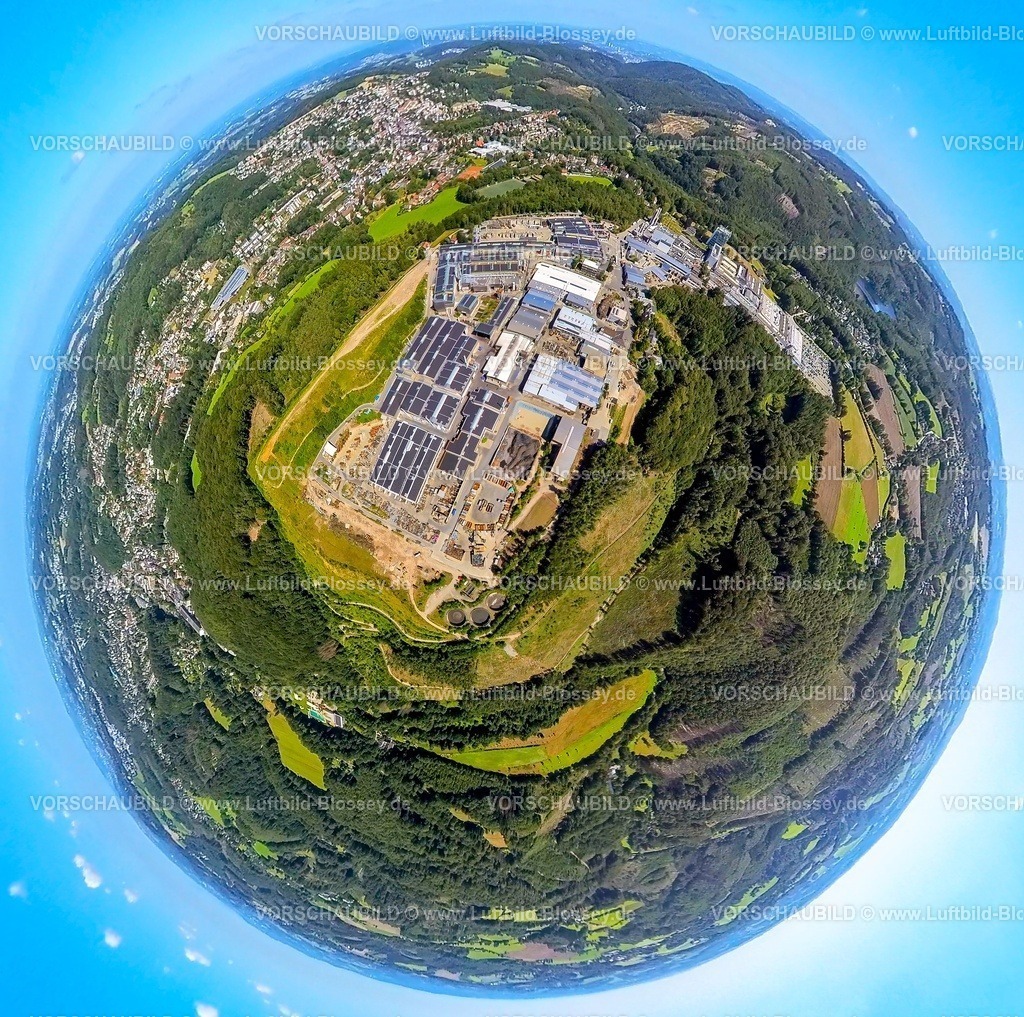 Ennepetal230890015 Dorma Metall Jacob | Luftbild, Dorma Siegfried Jacob Metallwerke GmbH mit Solardach, dormakaba Deutschland GmbH, Erdkugel, Fisheye Aufnahme, Fischaugen Aufnahme, 360 Grad Aufnahme, Voerde, Ennepetal, Ruhrgebiet, Nordrhein-Westfalen, Deutschland