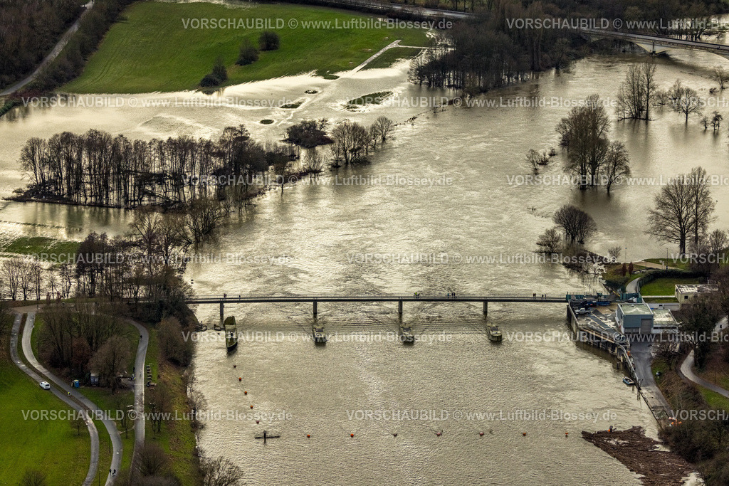 Witten231202083Ruhr | Luftbild, Ruhrhochwasser, Weihnachtshochwasser 2023, Fluss Ruhr und Kemnader See treten nach starken Regenfällen über die Ufer, Überschwemmungsgebiet am Kemnader Wehr und Ruhrbrücke Kemnade, Bäume und Felder im Wasser, Stiepel, Bochum, Ruhrgebiet, Nordrhein-Westfalen, Deutschland