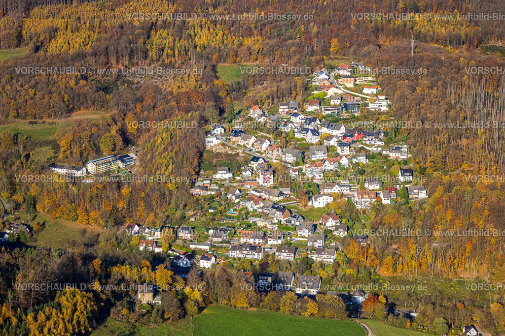 Hagen251103718 | Luftbild, Ortsansicht Ortsteil Selbecke, links Jugendhilfe Selbecke Sozialeinrichtung, Baustelle mit Baukran, Baugerüst und Fassadenverkleidung, herbstliche Bäume,  Eilpe, Hagen, Ruhrgebiet, Nordrhein-Westfalen, Deutschland