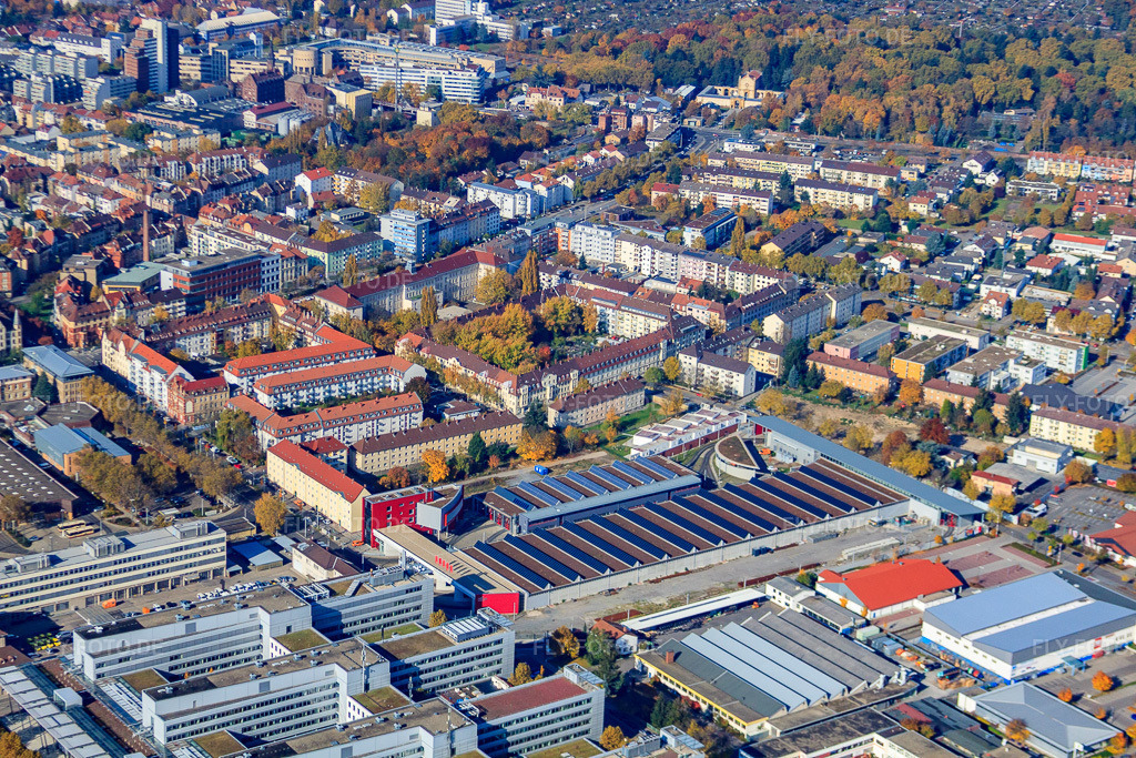Luftbild: Straßenbahndepot Ost des KVV an der Gerwigstr im Ortsteil Oststadt in Karlsruhe im Bundesland Baden-Württemberg in Deutschland. Foto: IMG_35071.jpg vom 31.10.2010 durch Werner Riehm/FLY-FOTO.de