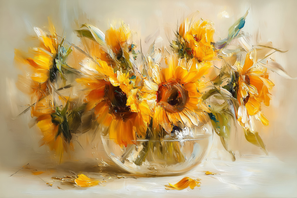 2508030 - Sonnenblumen in einer Glasvase | Bestelle dieses Blumenmotiv als hochwertigen Kunstdruck, z.B. auf Leinwand oder hinter Acrylglas in vielen Formaten mit versandkostenfreier Lieferung innerhalb Deutschlands.