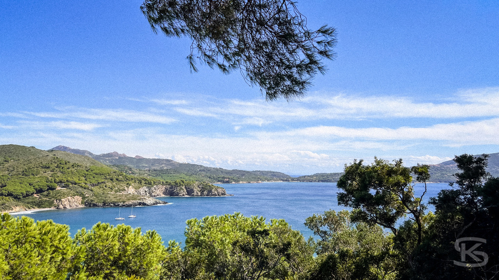 Wildes Elba: Panoramablick über die Küstenlandschaft auf das Mittelmeer – Wandbild | Panorama-Ausblick auf die hügelige Küstenlandschaft der Insel Elba mit typisch mediterraner Vegetation (Macchia) im Vordergrund und dem weiten, blauen Meer unter sommerlichen Wolkenformationen. - Realisiert mit Pictrs.com