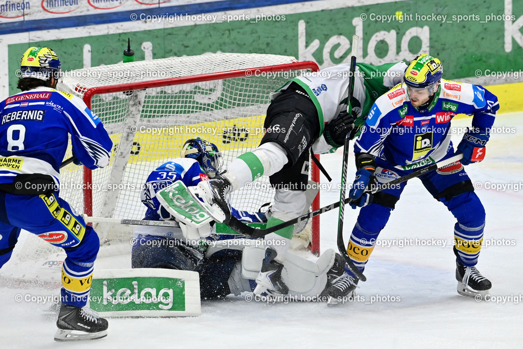 EC IDM WÄRMEPUMPEN VSV vs. Olimpija Ljubljana | #8 Maximilian Rebernig EC VSV, #35 Joe Cannata EC VSV, #10 Thomas Vallant EC VSV, #11 Marly Quince Olimpija Ljubljana, EC IDM WÄRMEPUMPEN VSV vs. Olimpija Ljubljana, EC IDM WÄRMEPUMPEN VSV vs. Olimpija Ljubljana am 01.02.2026 in Villach (Stadthalle Villach), Austria, (Photo by Bernd Stefan)
