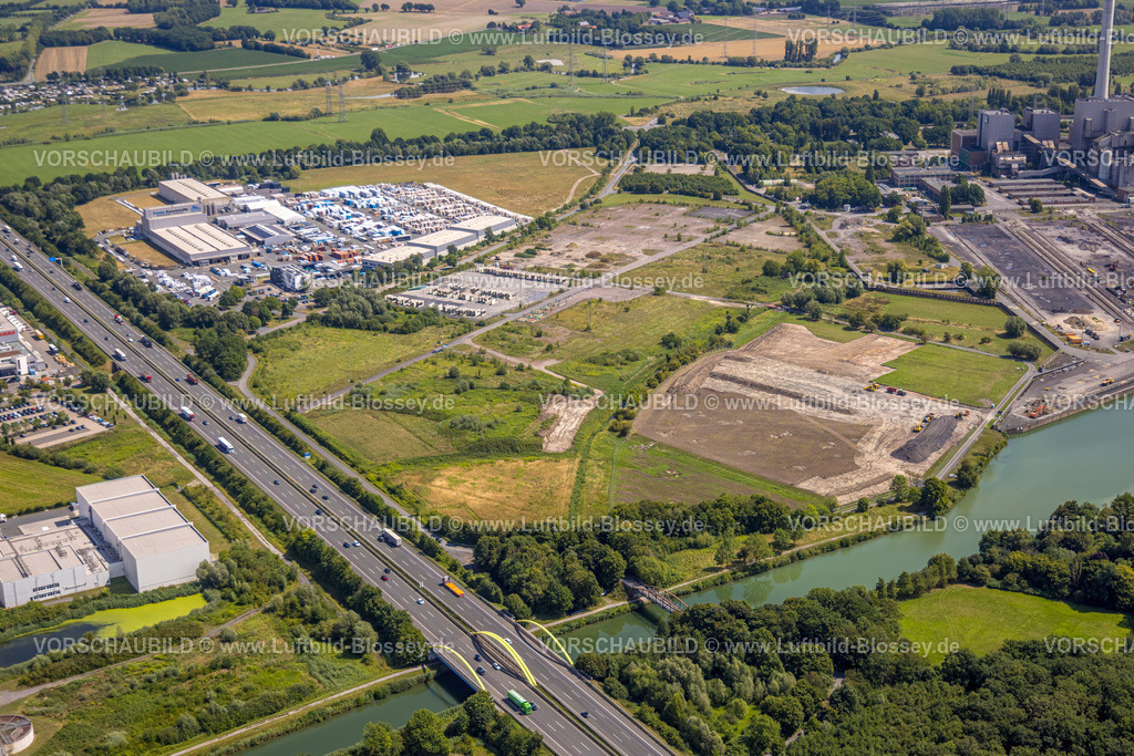 Hamm250702385Uentrop | Luftbild, Rückbau am Hafen Baugebiet Geithe am Datteln-Hamm Kanal am RWE Kraftwerk Westfalen, links Funke Kunststoffe GmbH Werk und angedachte Autobahn A2 Anschlussstelle Siegenbeckstraße, Uentrop, Hamm, Ruhrgebiet, Nordrhein-Westfalen, Deutschland