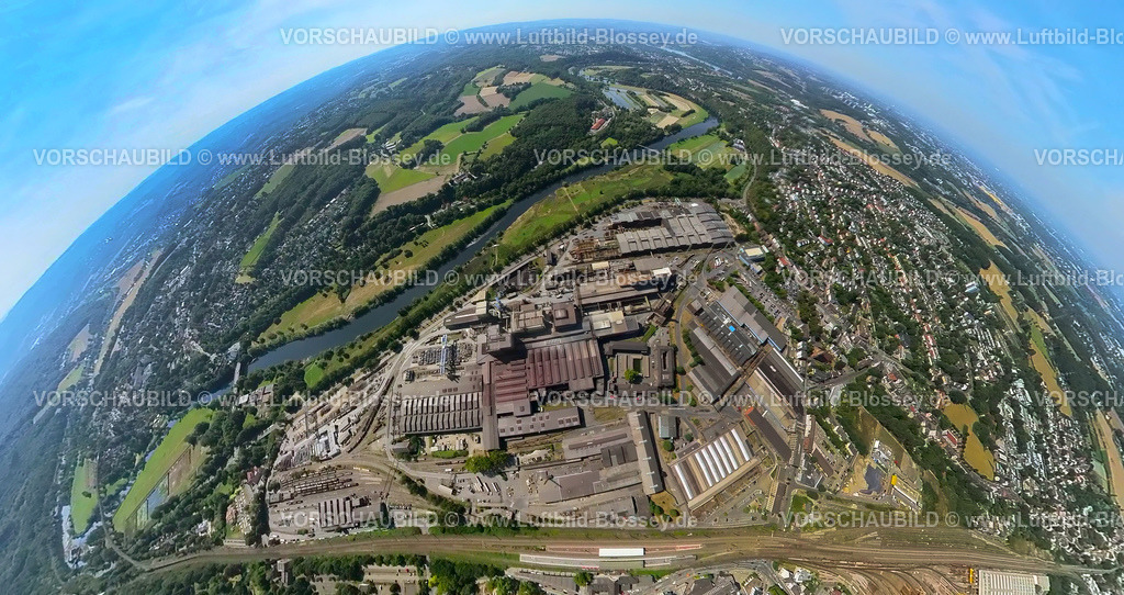 Witten20220823Edelstahlwerke2 | Luftbild, Edelstahlwerk Witten, Fluss Ruhr und Ruheaue mit Zeche Nachtigall, Fisheye Aufnahme, Fischaugen Aufnahme, 360 Grad Aufnahme, Witten, Ruhrgebiet, Nordrhein-Westfalen, Deutschland