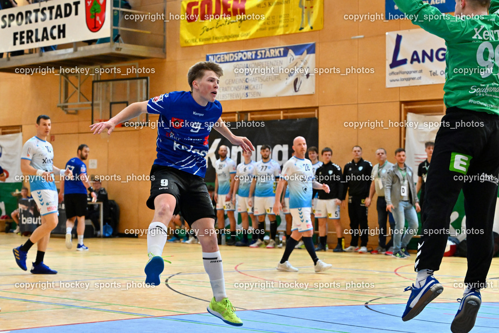 SC Ferlach vs. HSG Bärnbach/Köflach 30.3.2024 | #9 SAGER Nico SC Ferlach, #99 Strasek Denis HSG Bärnbach, SC Ferlach vs. HSG Bärnbach/Köflach 30.3.2024, SC Ferlach vs. HSG Bärnbach/Köflach am 30.03.2024 in Ferlach (Ballspielhalle Ferlach), Austria, (Photo by Bernd Stefan)