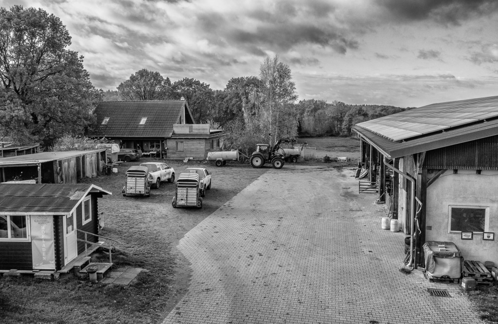 wanderschaefereien-schleswig-holstein-056 | Der Stammsitz von Birgit Voitgländer befindet sich in Aukrug-Homfeld. Rechts ist das große Stallgebäude zu sehen und vorne links der kleine Hofladen, dahinter die Hundezwinger und im Hintergrund das Wohnhaus. - Realisiert mit Pictrs.com