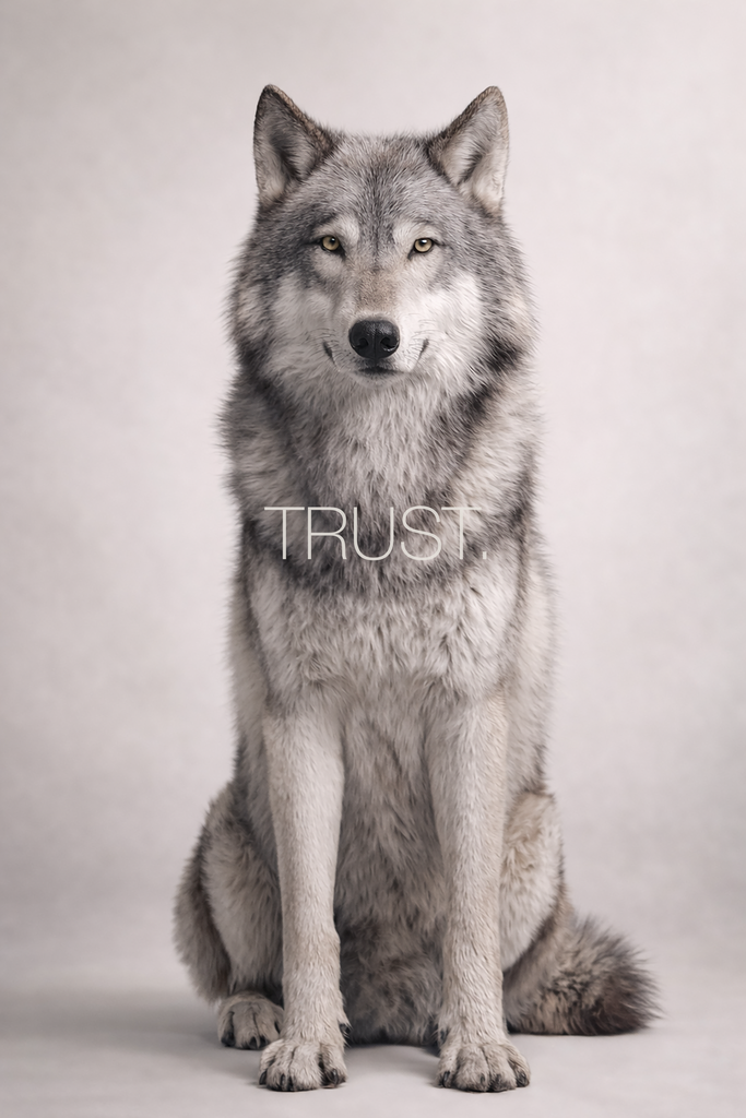 Poster: WILD WITHIN – TRUST. | Grauer Wolf sitzt frontal vor hellem Studiohintergrund und wirkt offen, ruhig und vertrauensvoll. Typografisches Poster aus der Kollektion WILD WITHIN mit dem Wort „TRUST.“ - Realisiert mit Pictrs.com