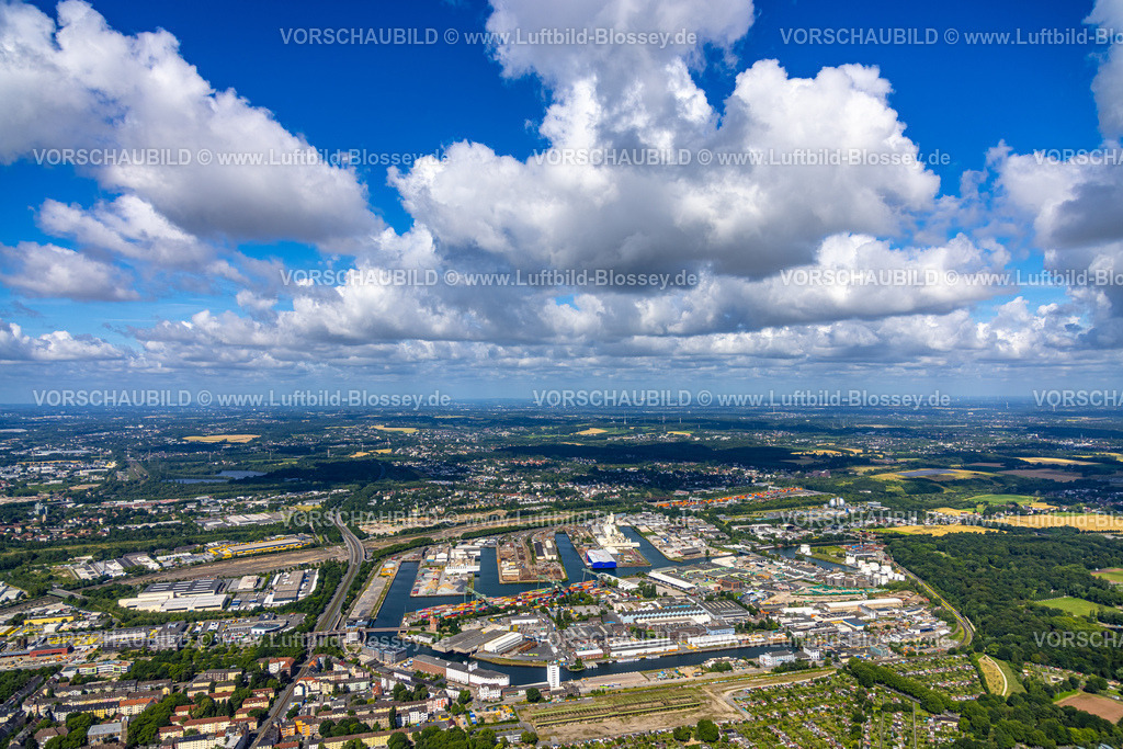 Dortmund240700014 | Luftbild, Dortmunder Hafen Gesamtansicht, Fernsicht und blauer Himmel mit Wolken, Hafen, Dortmund, Ruhrgebiet, Nordrhein-Westfalen, Deutschland