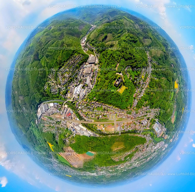 Hagen230520028HohenlimburgMitte | Luftbild, Hohenlimburg-Mitte, Schloss Hohenlimburg, Erdkugel, Fisheye Aufnahme, Fischaugen Aufnahme, 360 Grad Aufnahme, Hohenlimburg, Hagen, Sauerland, Nordrhein-Westfalen, Deutschland