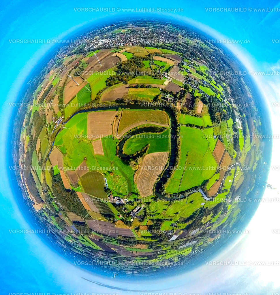Selm241190554 | Luftbild, Fluss Lippe und Flussmäander im NSG Lippeaue Selm mit grünen Wiesen und Feldern, Erdkugel, Fisheye Aufnahme, Fischaugen Aufnahme, 360 Grad Aufnahme, tiny world, little planet, fisheye Bild, Bork, Selm, Ruhrgebiet, Nordrhein-Westfalen, Deutschland