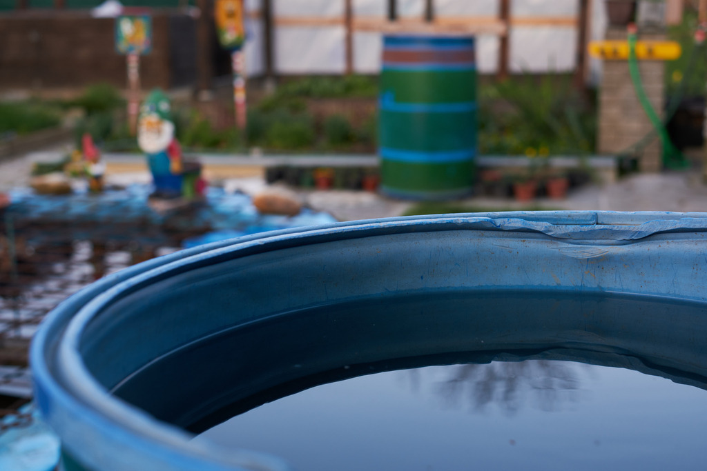 Regentonne mit Wasser und Blick in den Garten | Burgenland, Austria - April 15, 2022: Regentonne mit Wasser und Blick in den Garten. - Realisiert mit Pictrs.com