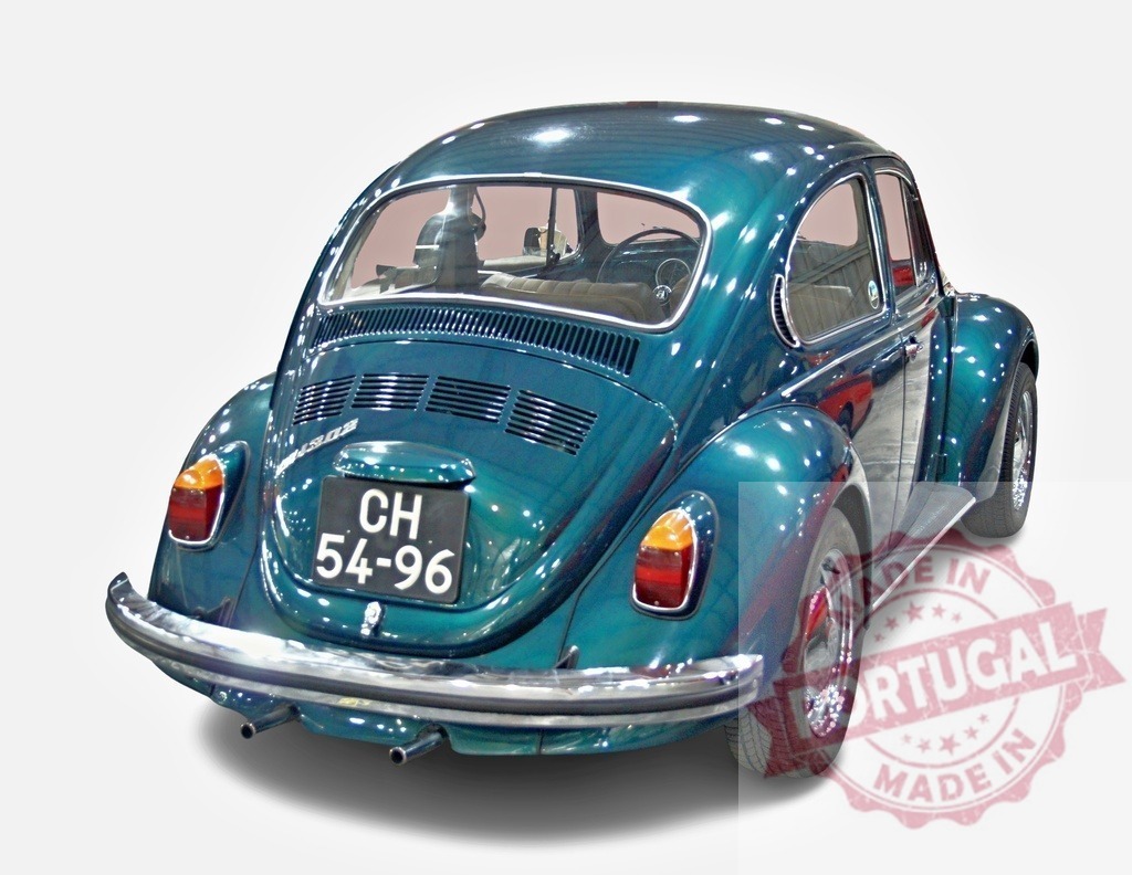 Shiny metallic turquoise Volkswagen Beetle Type 1 from the rear showcasing its iconic design | Classic Volkswagen Beetle Type 1, viewed from the rear, highlighting its unique and timeless design and vibrant turquoise paint - Realized with Pictrs.com