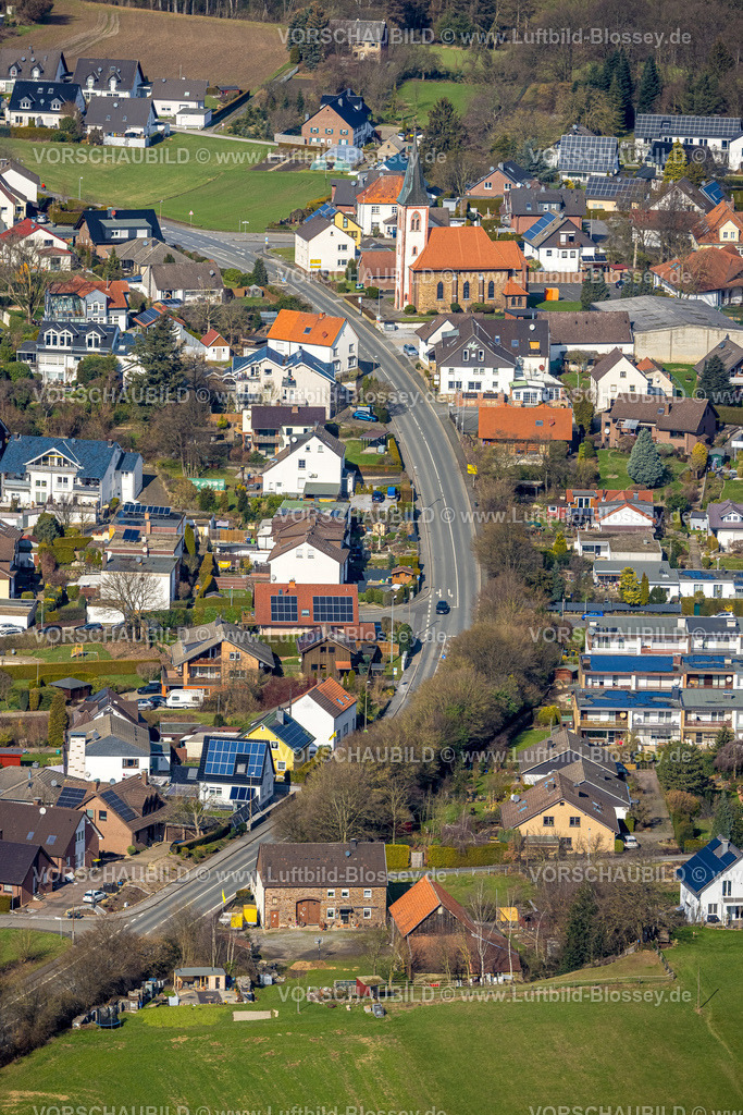 Froendenberg230214447 | Luftbild, Ortsansicht mit Herz-Jesu Kirche, Auf dem Krittenschlag, Hohenheide, Fröndenberg, Ruhrgebiet, Nordrhein-Westfalen, Deutschland