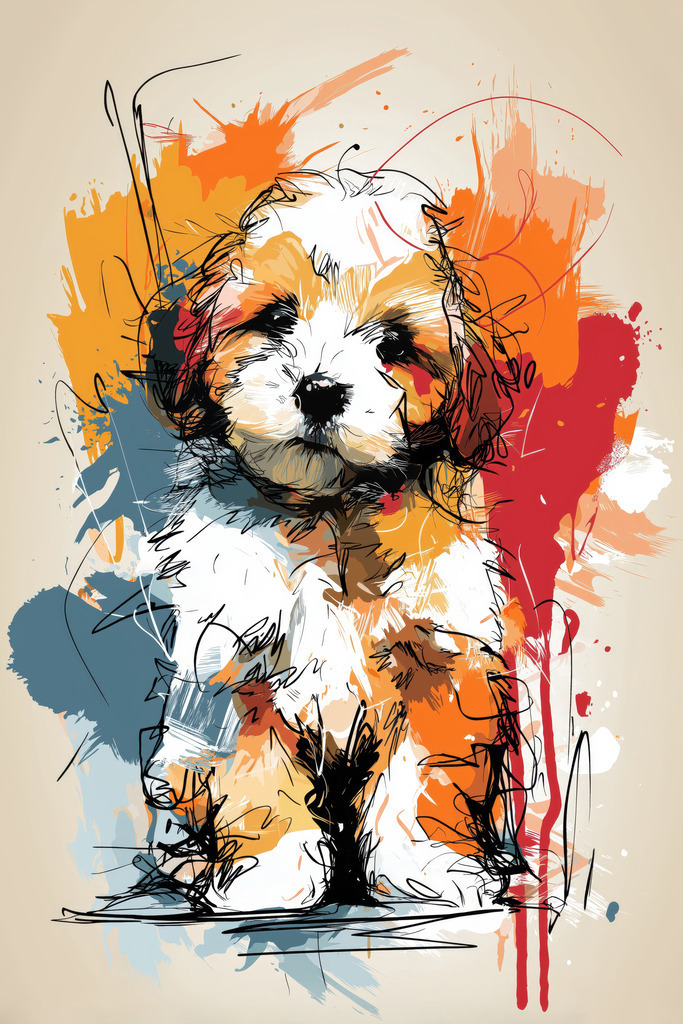 2605003 - Hundewelpen-Illustration | Eine ausdrucksstarke Darstellung eines Welpen, die durch den Kontrast von feinen Skizzenlinien und wilden Farbspritzern besticht. Der lebendige, energiegeladene Stil fängt das verspielte Wesen des Tieres ein und verleiht ihm eine urbane, zeitgenössische Note. Ein Werk voller Leben und spontaner Kreativität.
