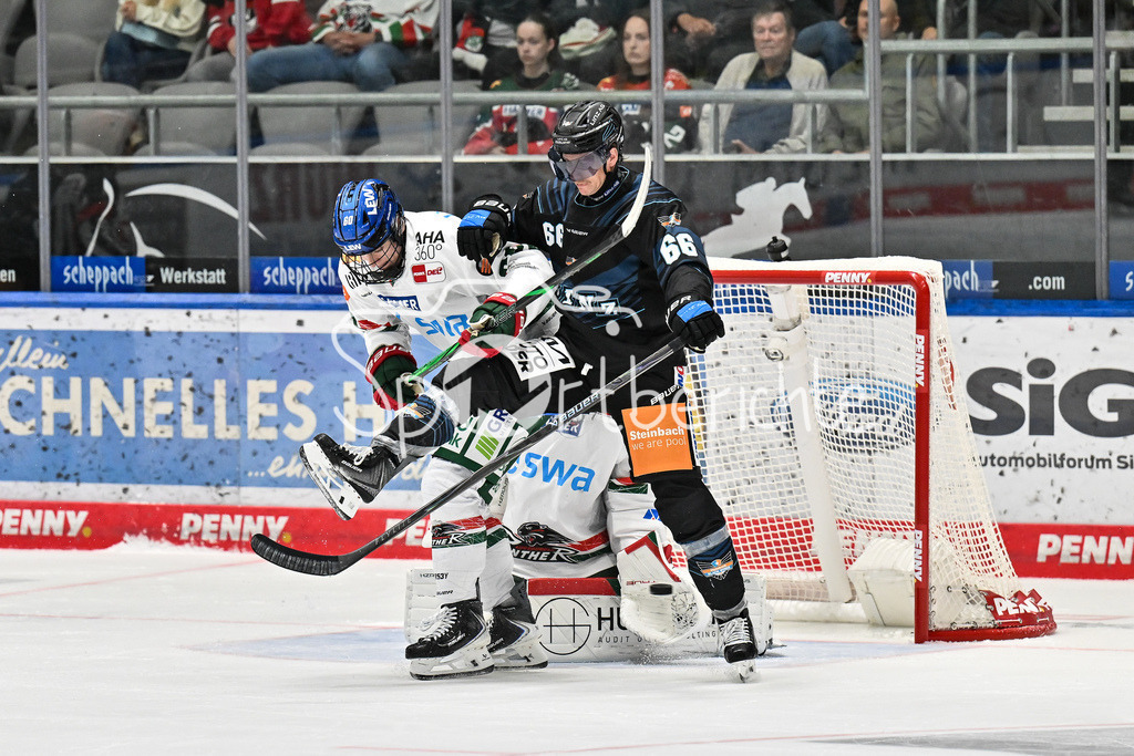 Augsburger Panther - Steinback Black Wings Linz | im Duell Liron PELLIZZARI (Augsburger Panther 60) und Stefan GAFFAL (Black Wings Linz 66) / Zweikampf / Testspiel: Augsburger Panther - Steinback Black Wings Linz; Curt Frenzel Stadion am 05.09.2025
